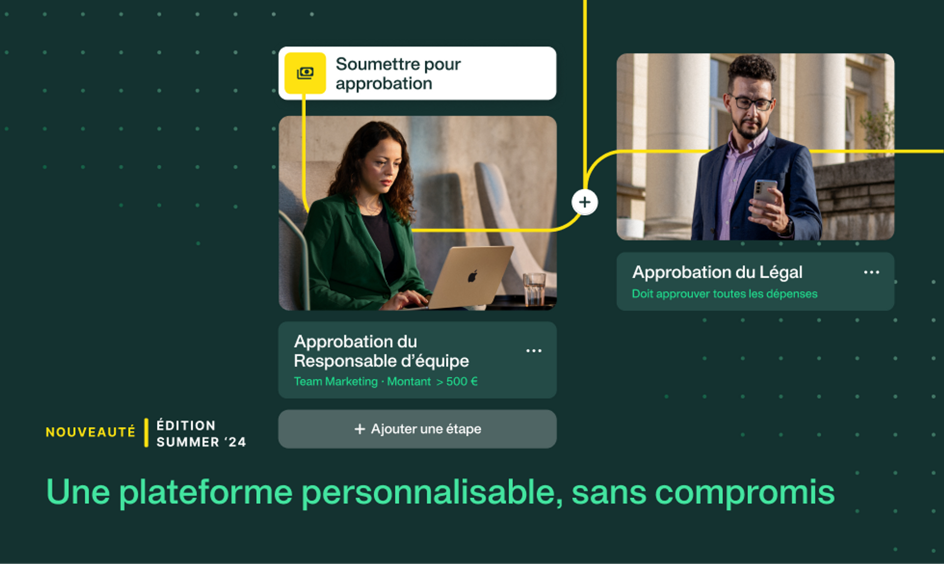 Image de deux employés validant des dépenses, illustrant le fonctionnement du Designer de workflows 