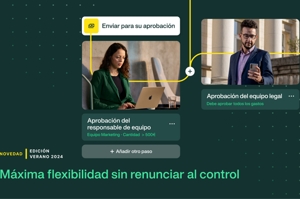 Dos empleados aprobando gastos, que ilustra cómo funciona el diseñador de flujos de trabajo. 
