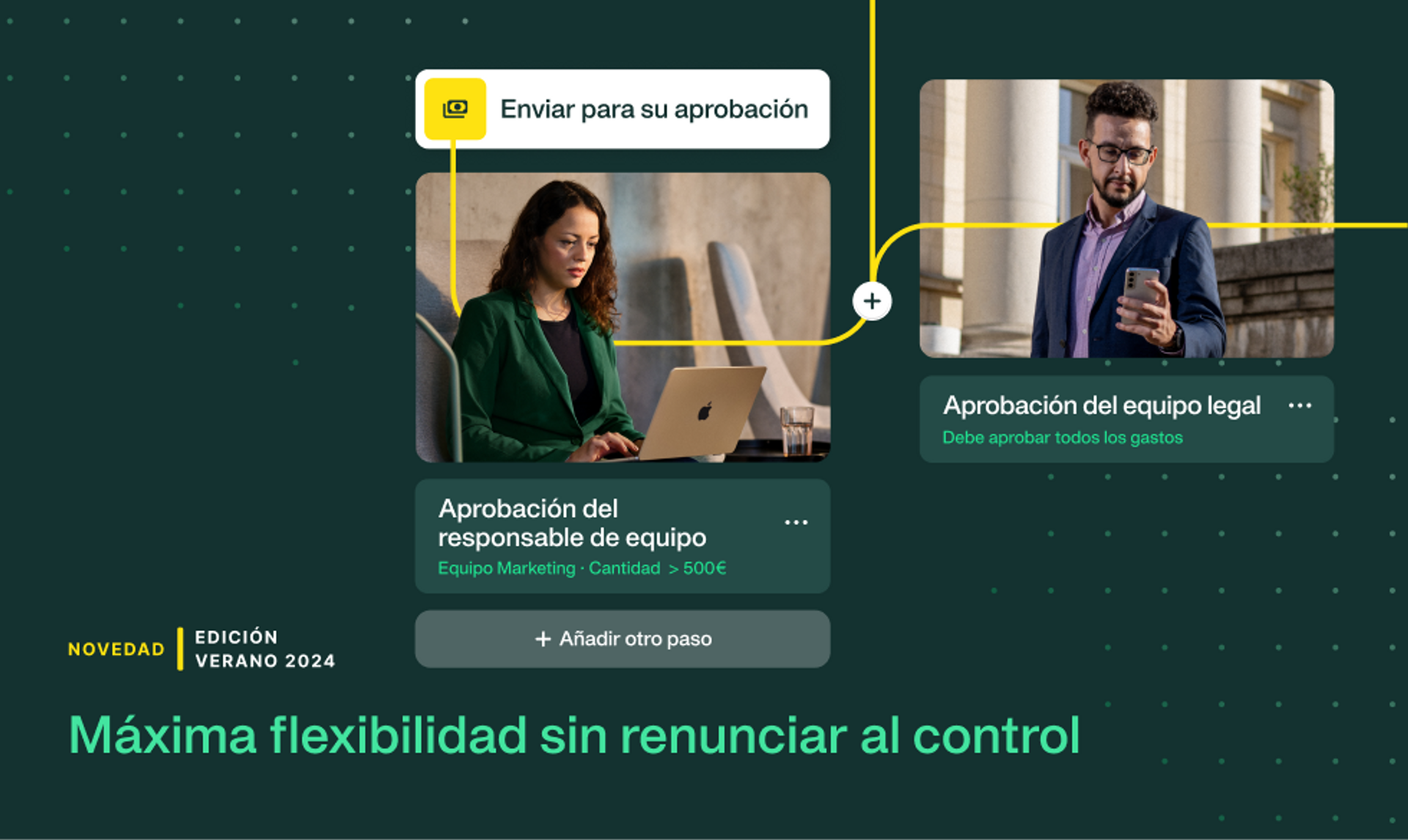 Dos empleados aprobando gastos, que ilustra cómo funciona el diseñador de flujos de trabajo. 