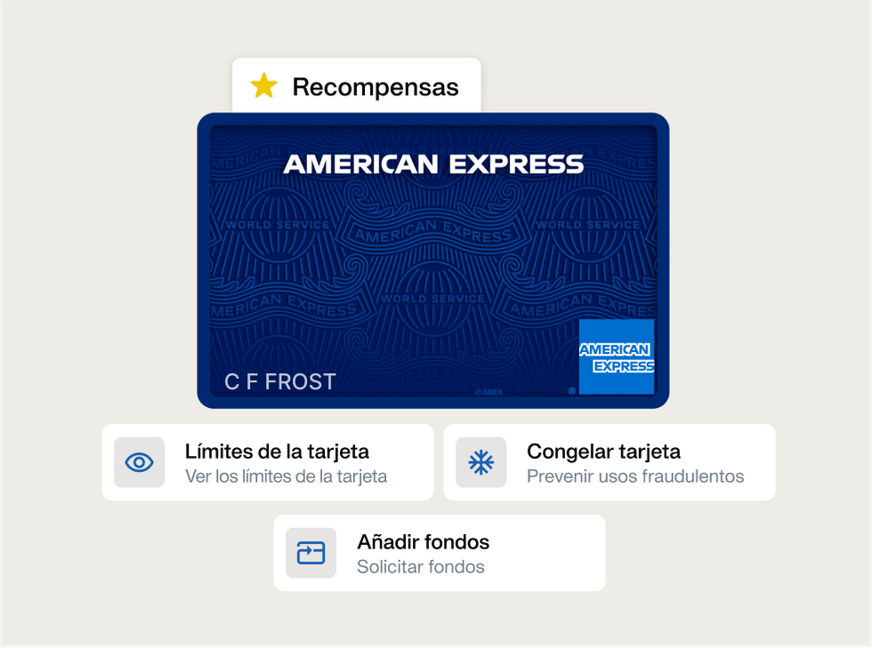 Ilustración de la tarjeta corporativa AMEX, con las funcionalidades de la plataforma de gestión de gastos Payhawk