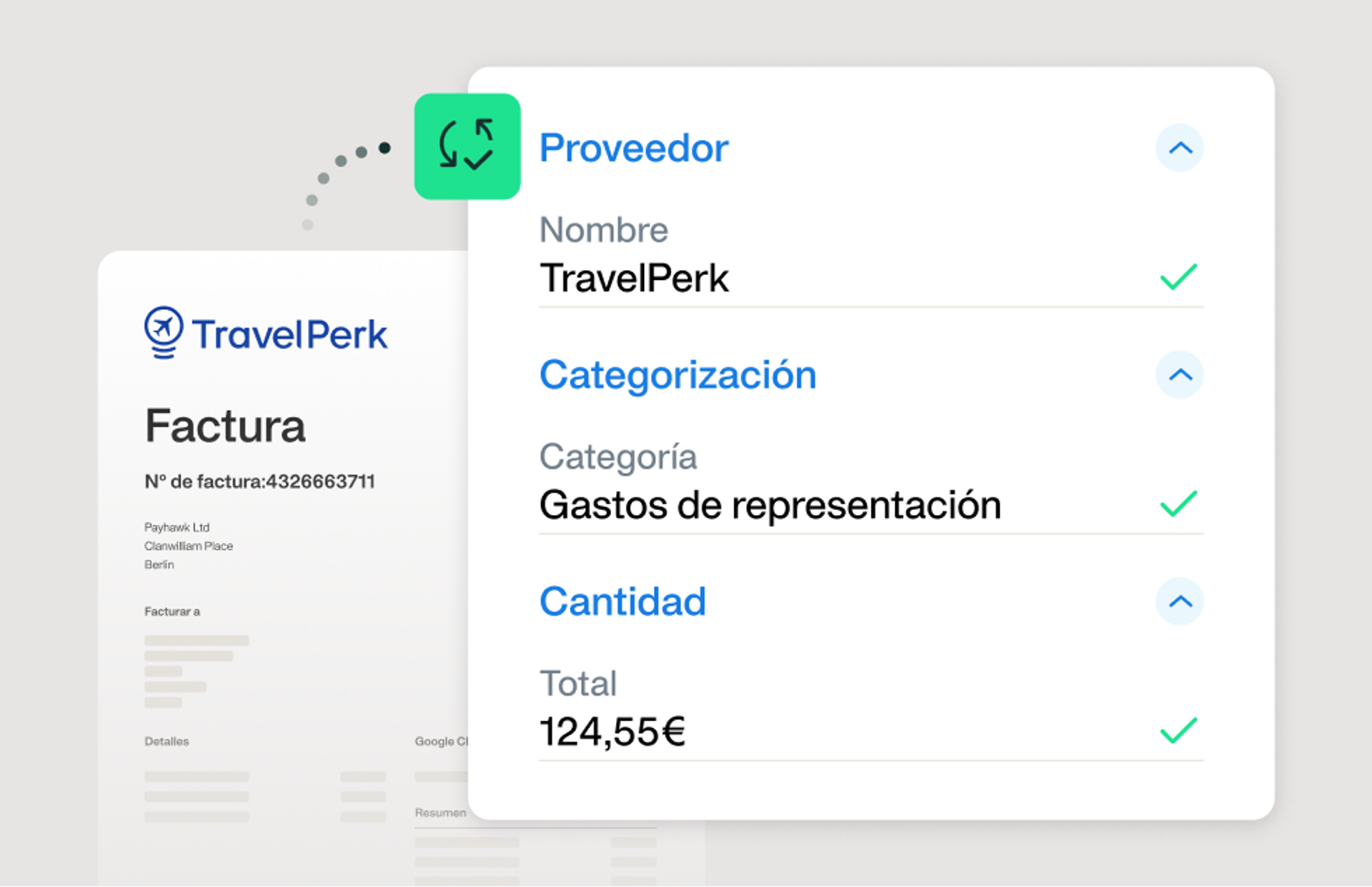Ilustración que muestra cómo se pueden cotejar automáticamente todos los datos de gastos y viajes