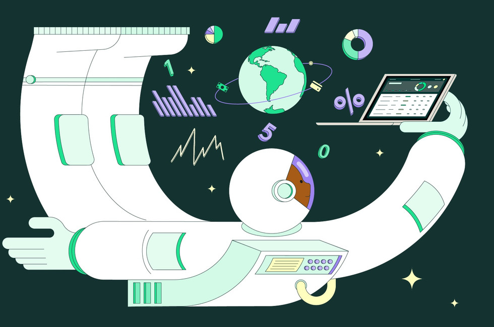 Ilustración que muestra a una persona volando por el espacio con un ordenador portátil y cifras numéricas a su alrededor