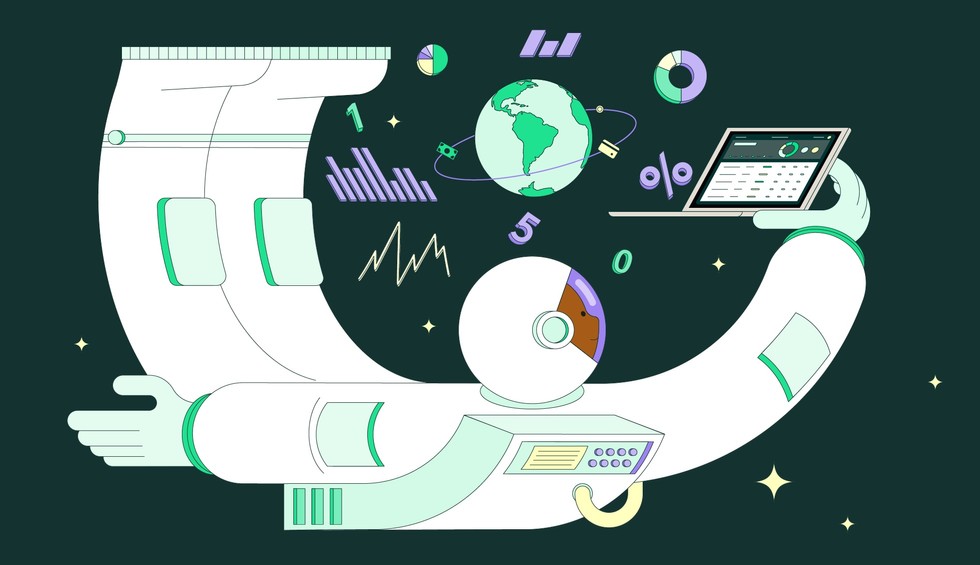 Илюстративно изображение на човек, който лети в космоса с лаптоп, заобиколен от цифрови фигури наоколо.