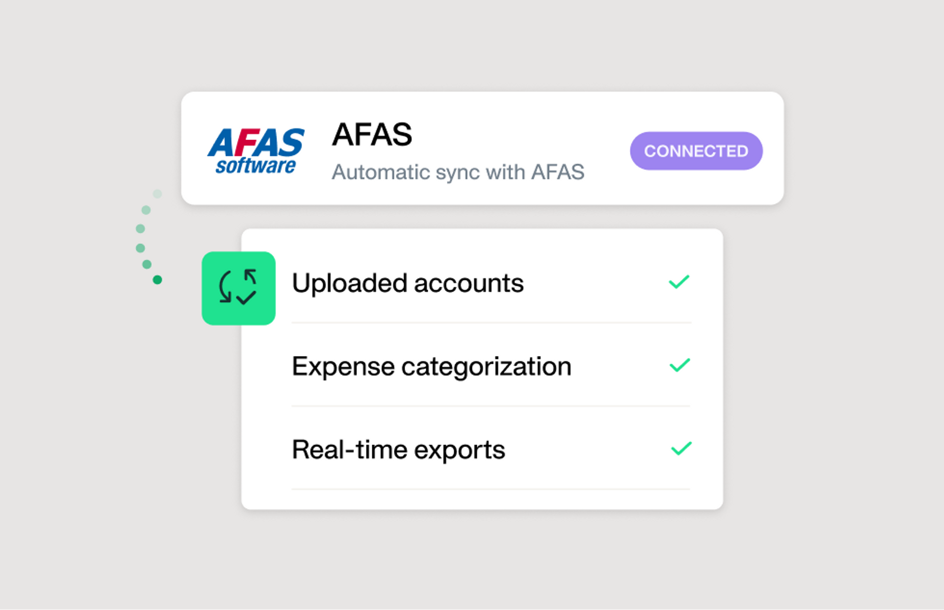 Illustration showing the quick sync between Payhawk's platform and the AFAS solution