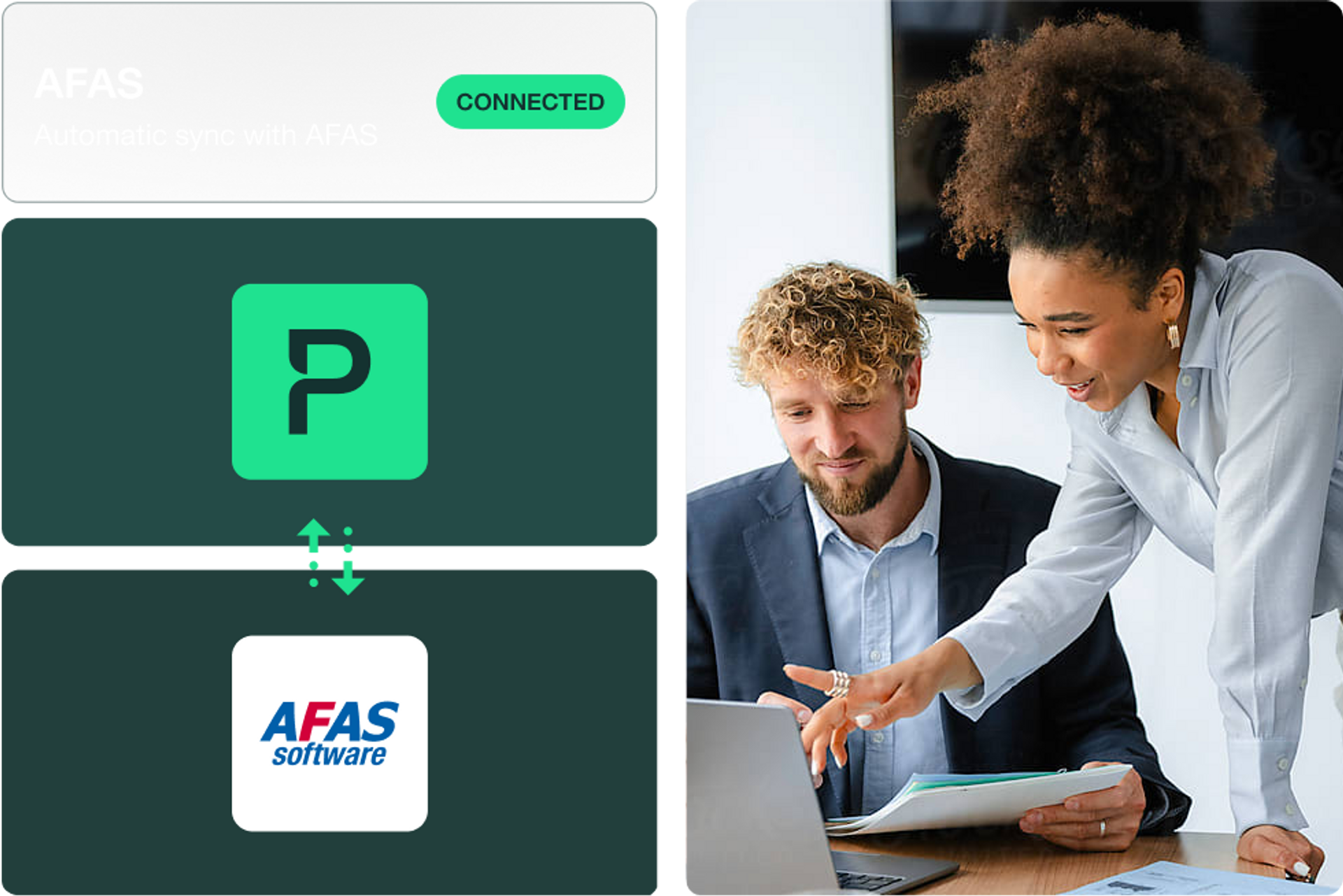 Two-sided illustration, visualising on one side the integration between AFAS and Payhawk spend management and on the other one employee showing to another some spend data