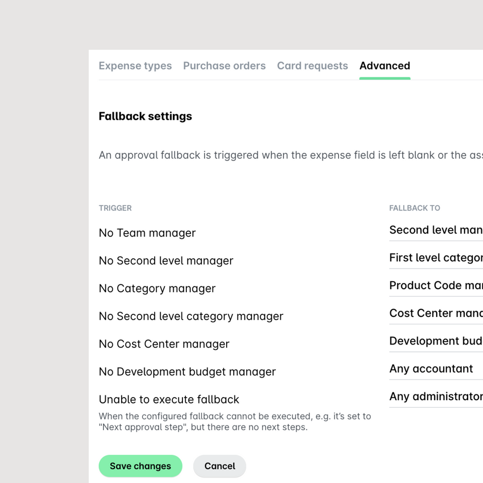 screenshot van Payhawk UI met fallback workflows