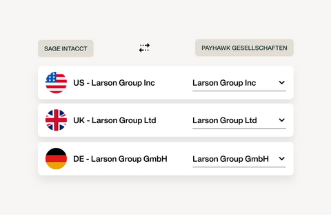Das Bild zeigt, dass Sie mit der Payhawk-Integration in Sage Intacct problemlos mehrere Unternehmen verwalten können