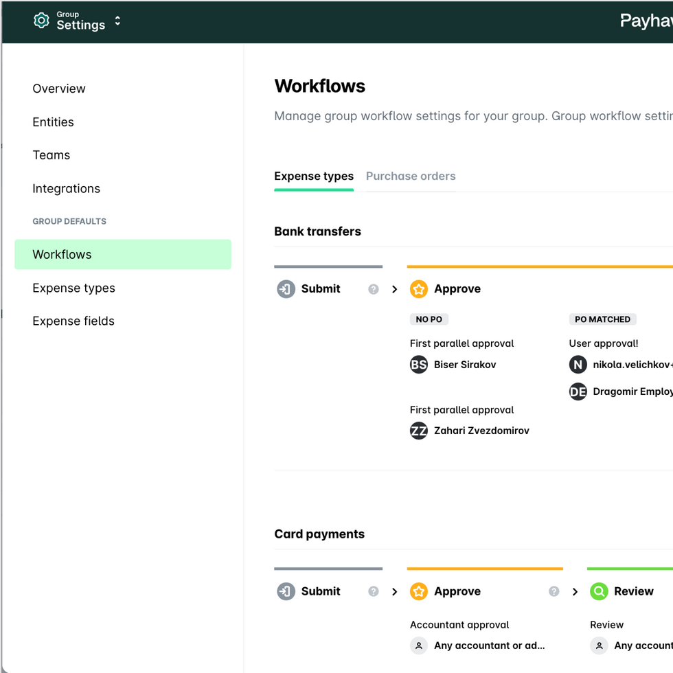 Screenshot van Payhawk product user interface. Een weergave van de workflow customisation