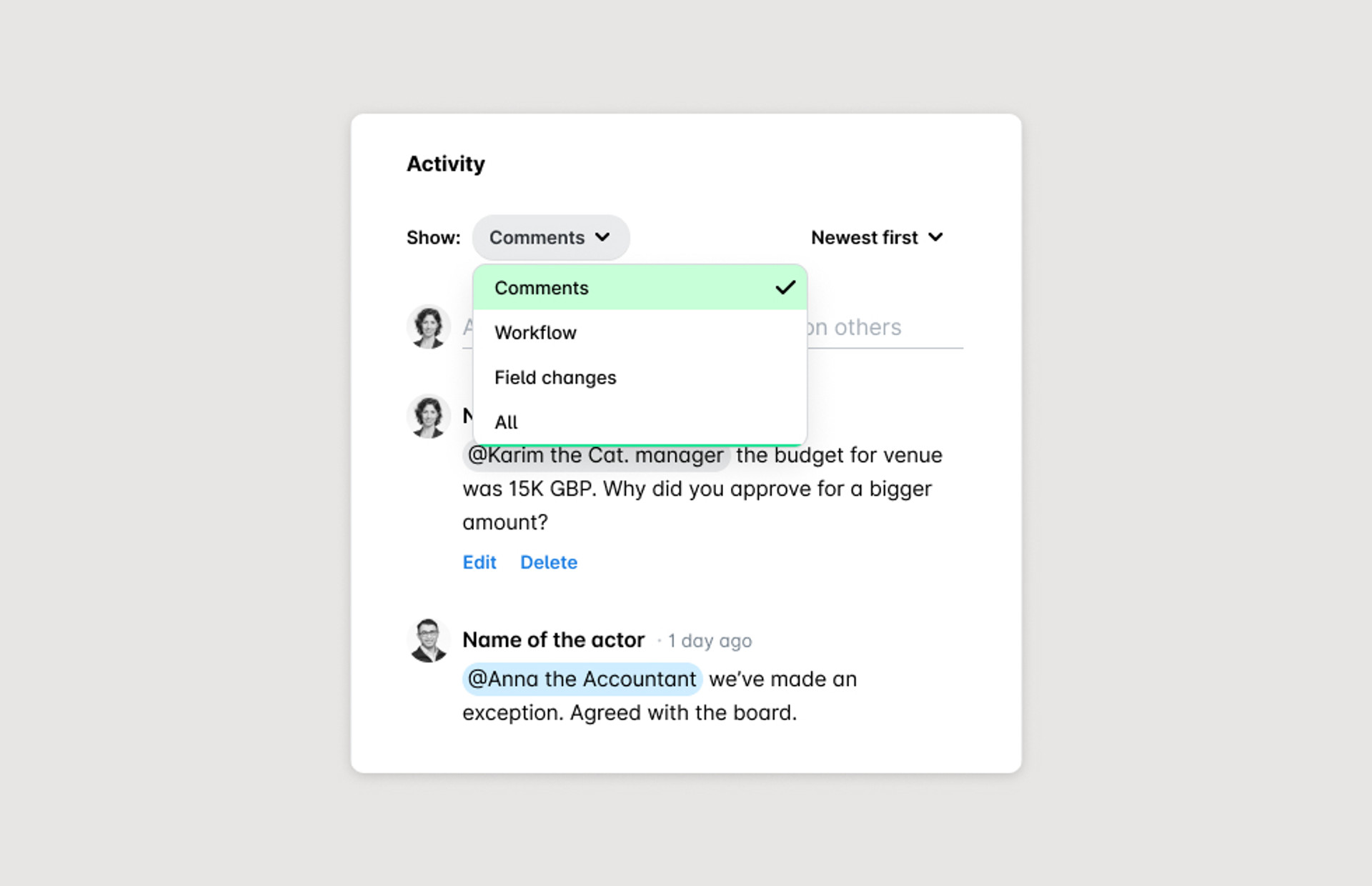 spend approval processes demonstrated by in-platform comments imagery
