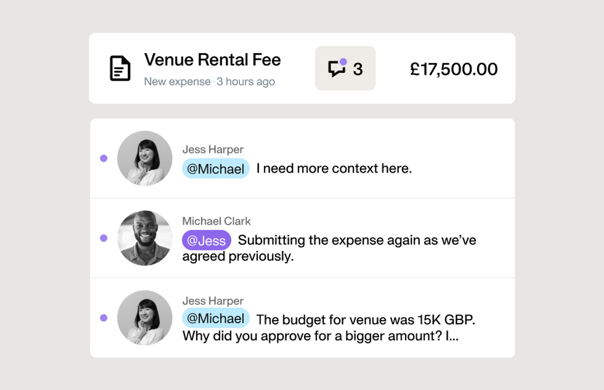 Image illustrating the new feature of Payhawk's spend management platform in-platform comments