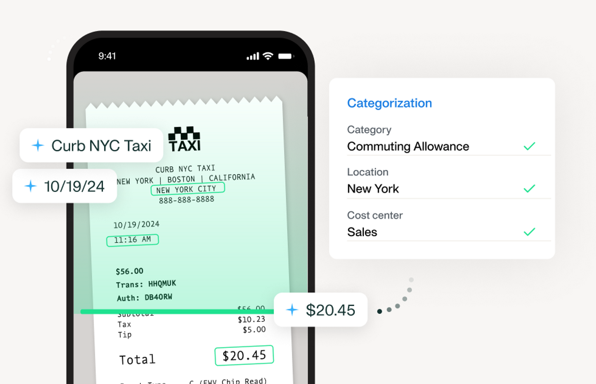 Illustration showing a phone screen and how AI and OCR automate expense coding and categorization