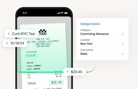  Illustration showing a phone screen and how AI and OCR automate expense coding and categorization