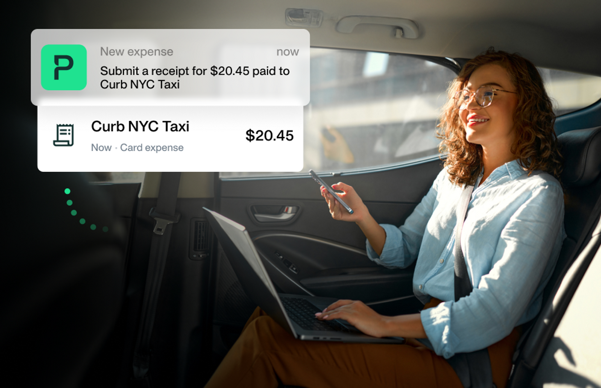 Image of an employee traveling with a taxi and submitting the receipt for the expense with her mobile