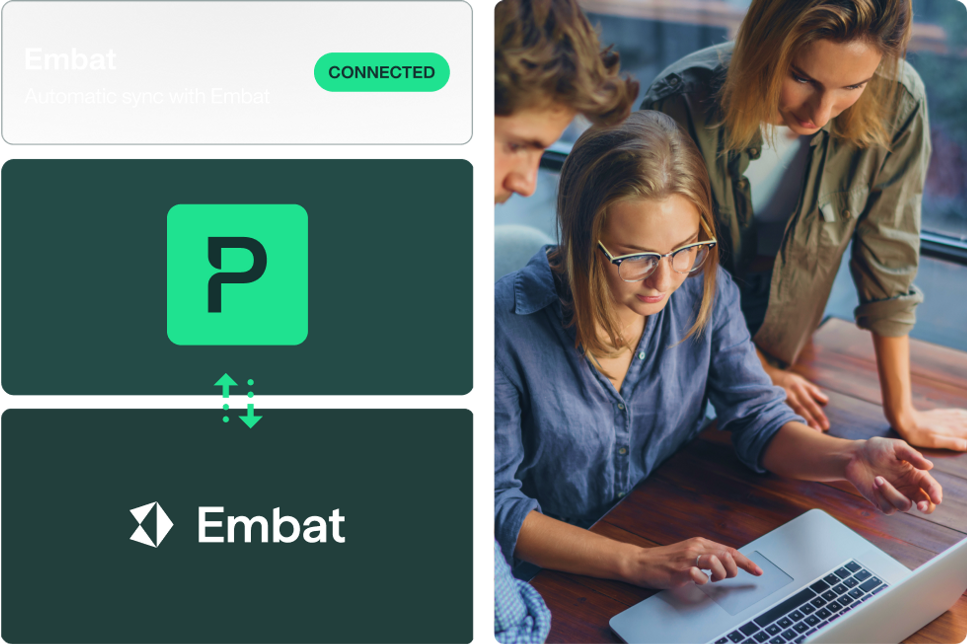 Multi section image showing that a Payhawk and Embat integration is set and employees looking into the real-time spend