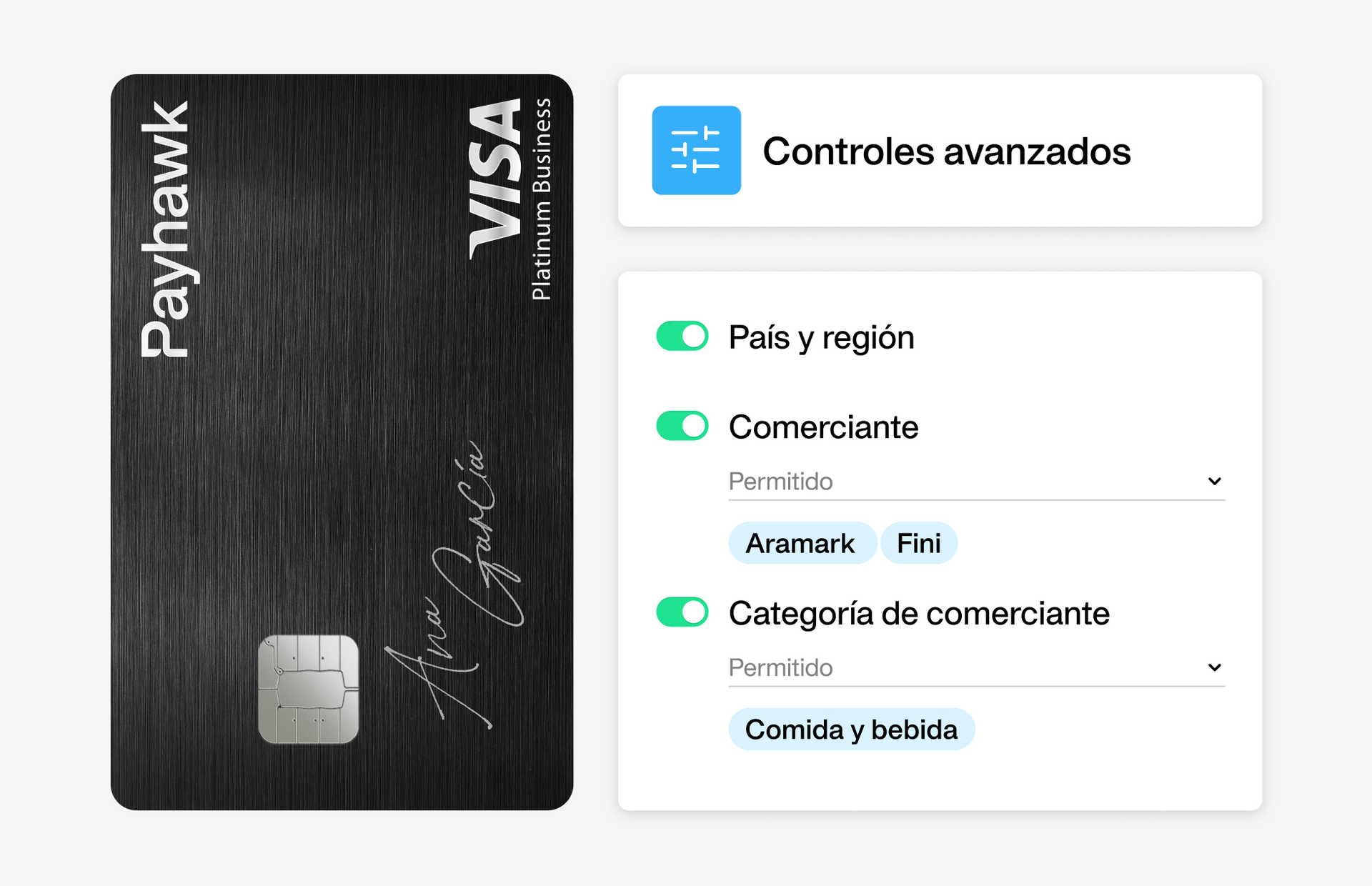 Imagen que muestra la personalización de las tarjetas de Payhawk para empleados de la industria alimentaria, tanto de los equipos comerciales como los equipos de distribución, de forma que el equipo financiero puede mantener el control de los gastos en tiempo real