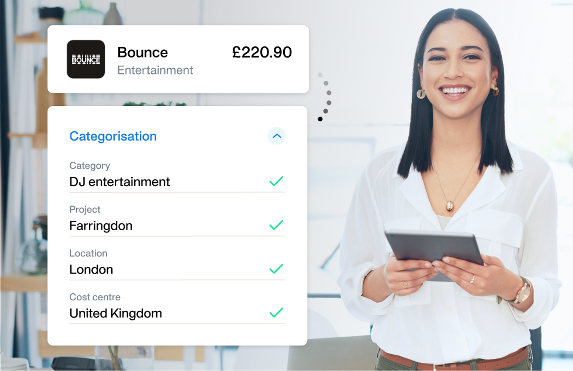 Illustration showing that each business expense is automatically categorised and an image of a happy accountant not needing to manually fill all the data in the ERP system