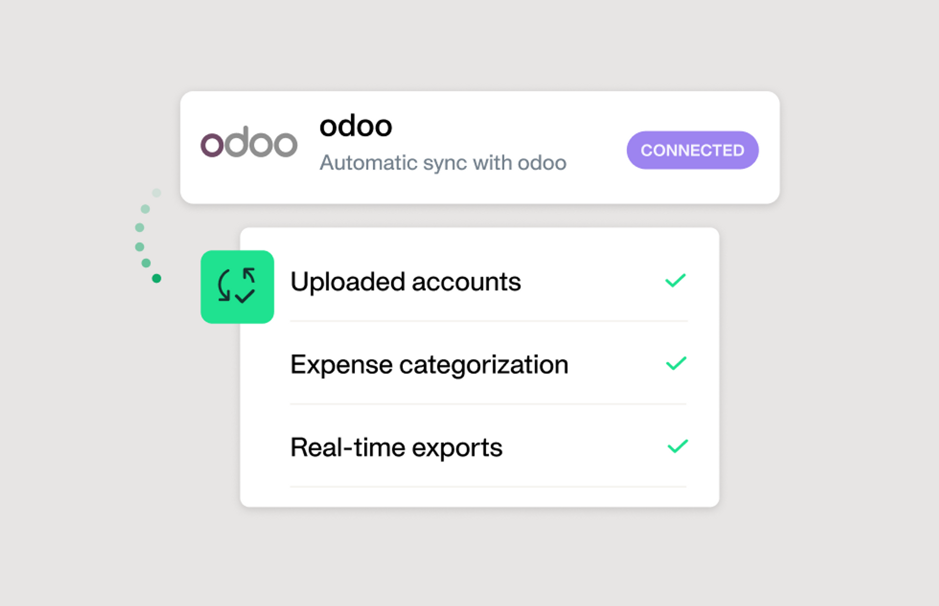 Illustration showing the quick sync between Payhawk's platform and the Odoo solution