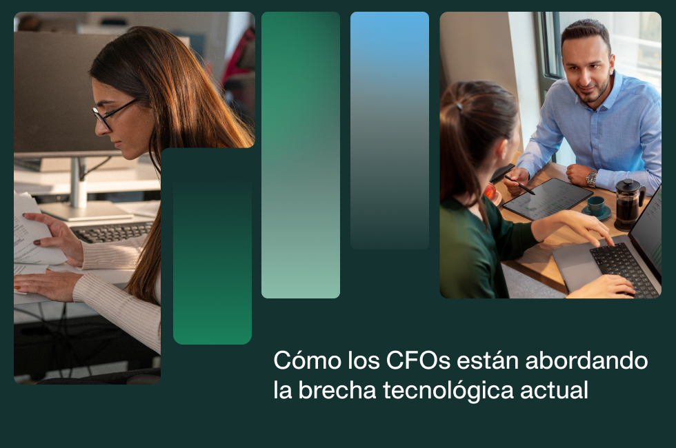 Imagen que muestra la portada del estudio de Payhawk para líderes financieros: Empleados de finanzas discutiendo la nueva brecha tecnológica del CFO