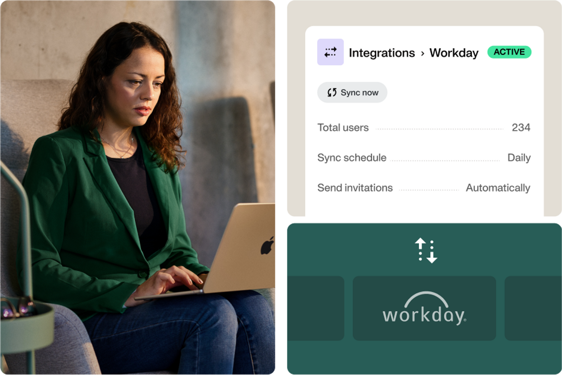 Image illustrating the Workday integration and that you can sync company spend with your master employee data. And an image of an HR employee setting the Workday integration