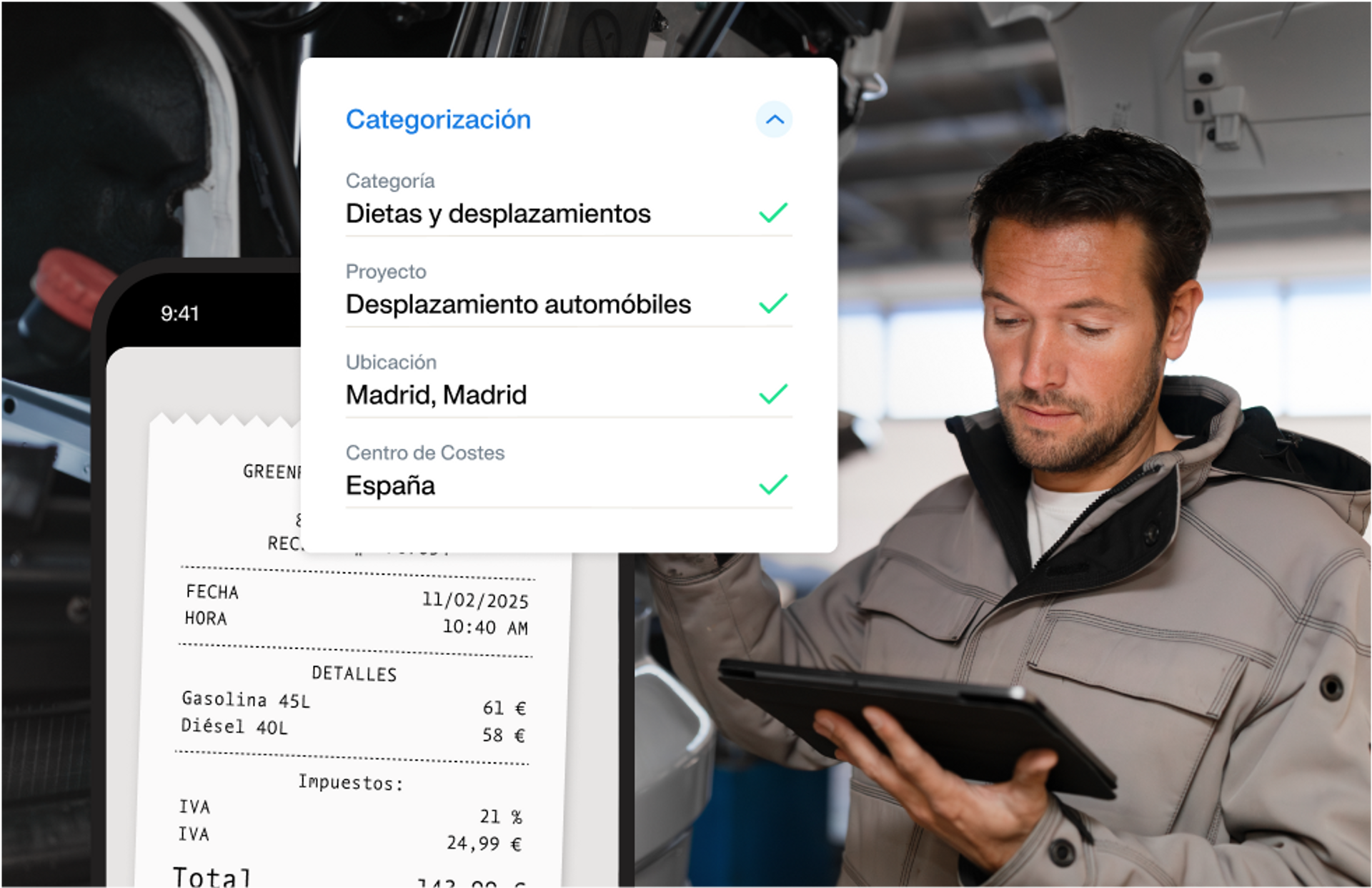 Imagen que muestra a un empleado del sector de la automoción trabajando en un vehículo, y cómo el software de gastos Payhawk digitaliza y contabiliza tickets de gasto