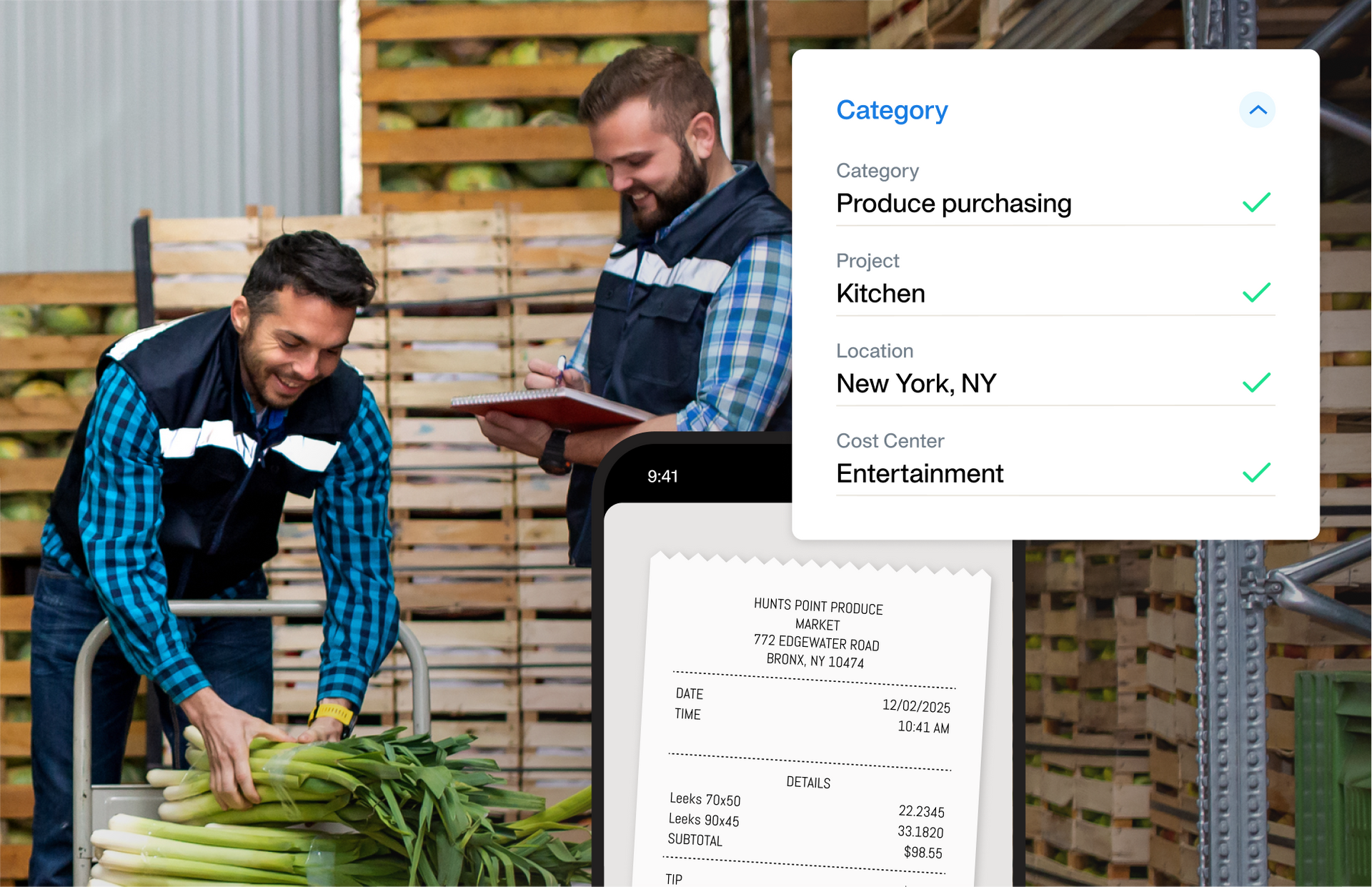 Illustration showing that each business expense is automatically categorised and an image of a happy user not needing to manually fill all the data in the ERP system