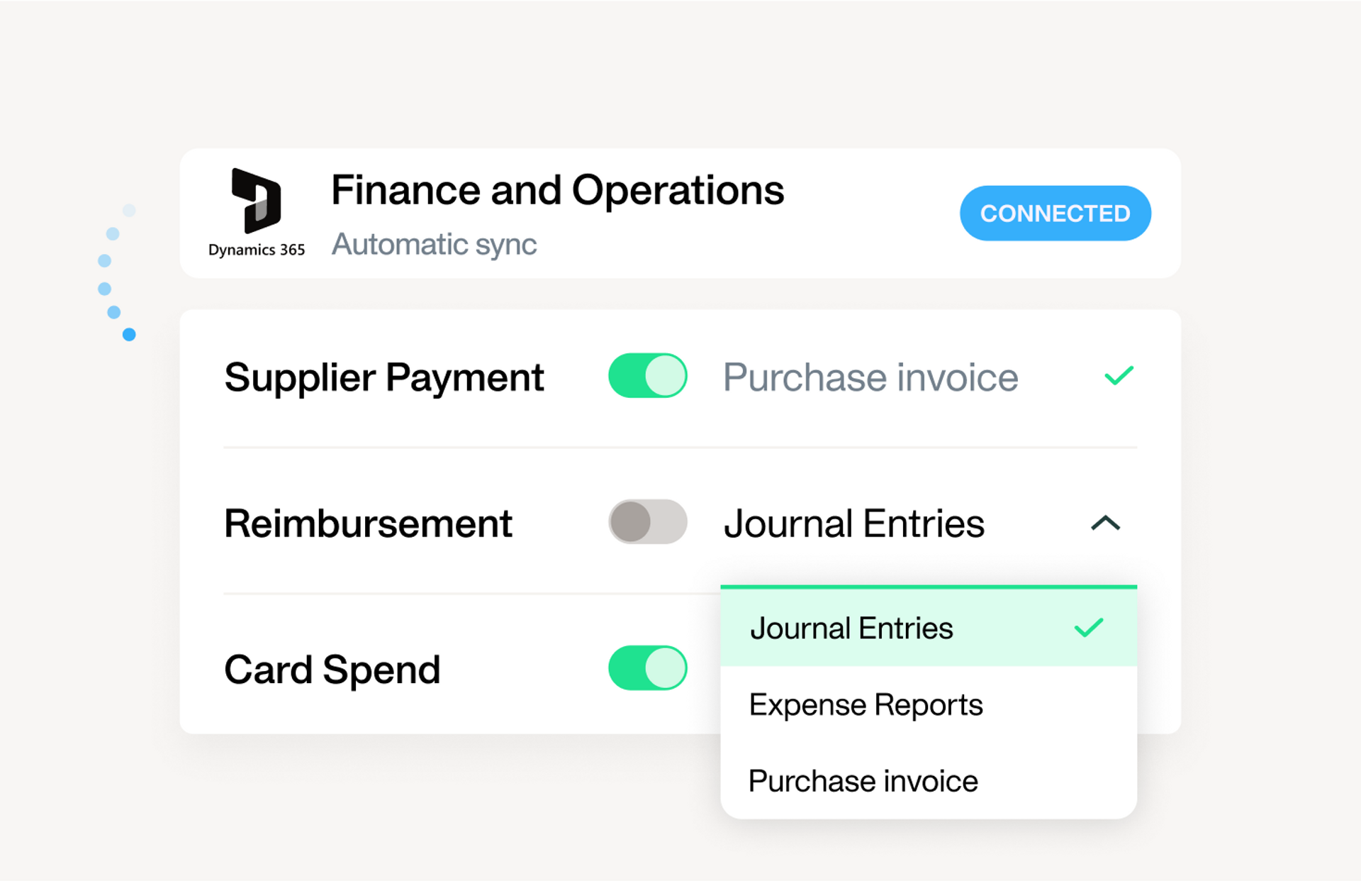 An image illustrating the customisation options of the Payhawk Microsoft Dynamics 365 Finance native integration