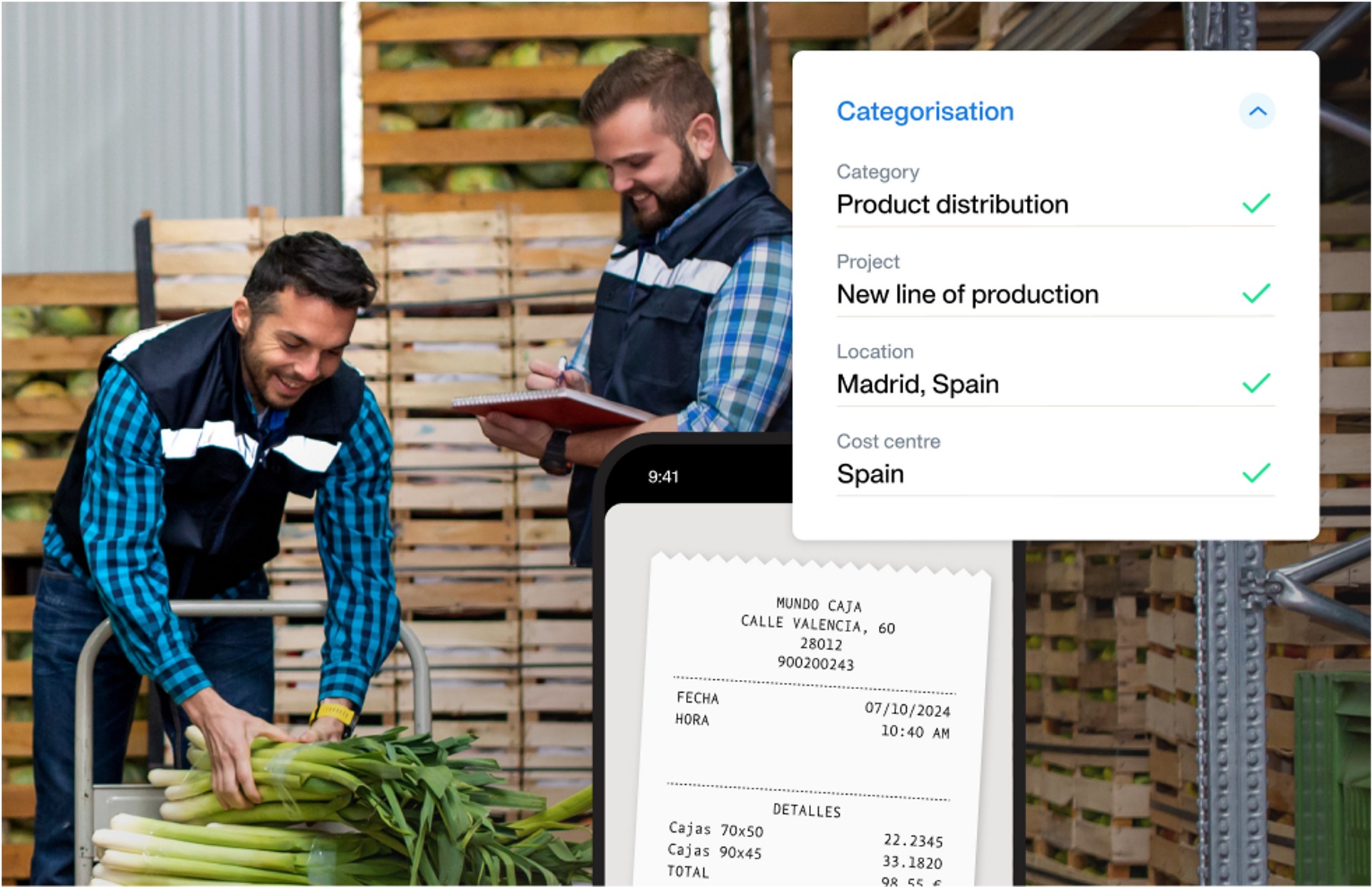 Image of food and beverage production workers alongside an expense receipt, which is automatically categorised