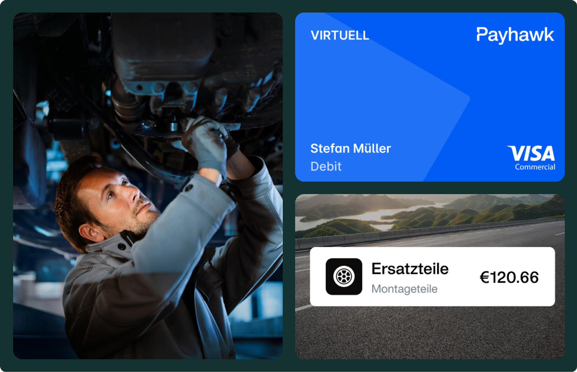 Bild eines Automobilarbeiters bei der Arbeit neben einer illustrierten Kreditkarte.