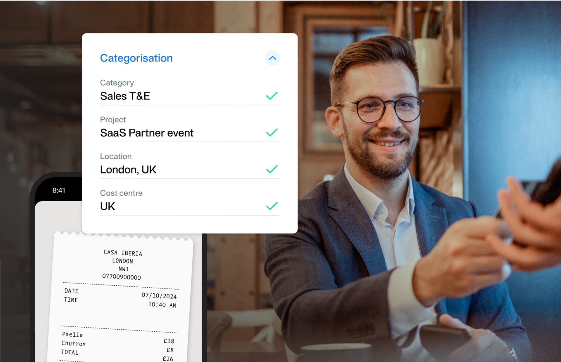 Image of an employee paying with his card and an illustration on top showing how the expense is instantly categorised