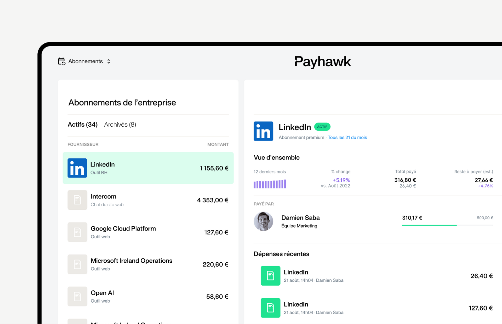 capture d'écran du tableau de bord de gestion des abonnements dans Payhawk