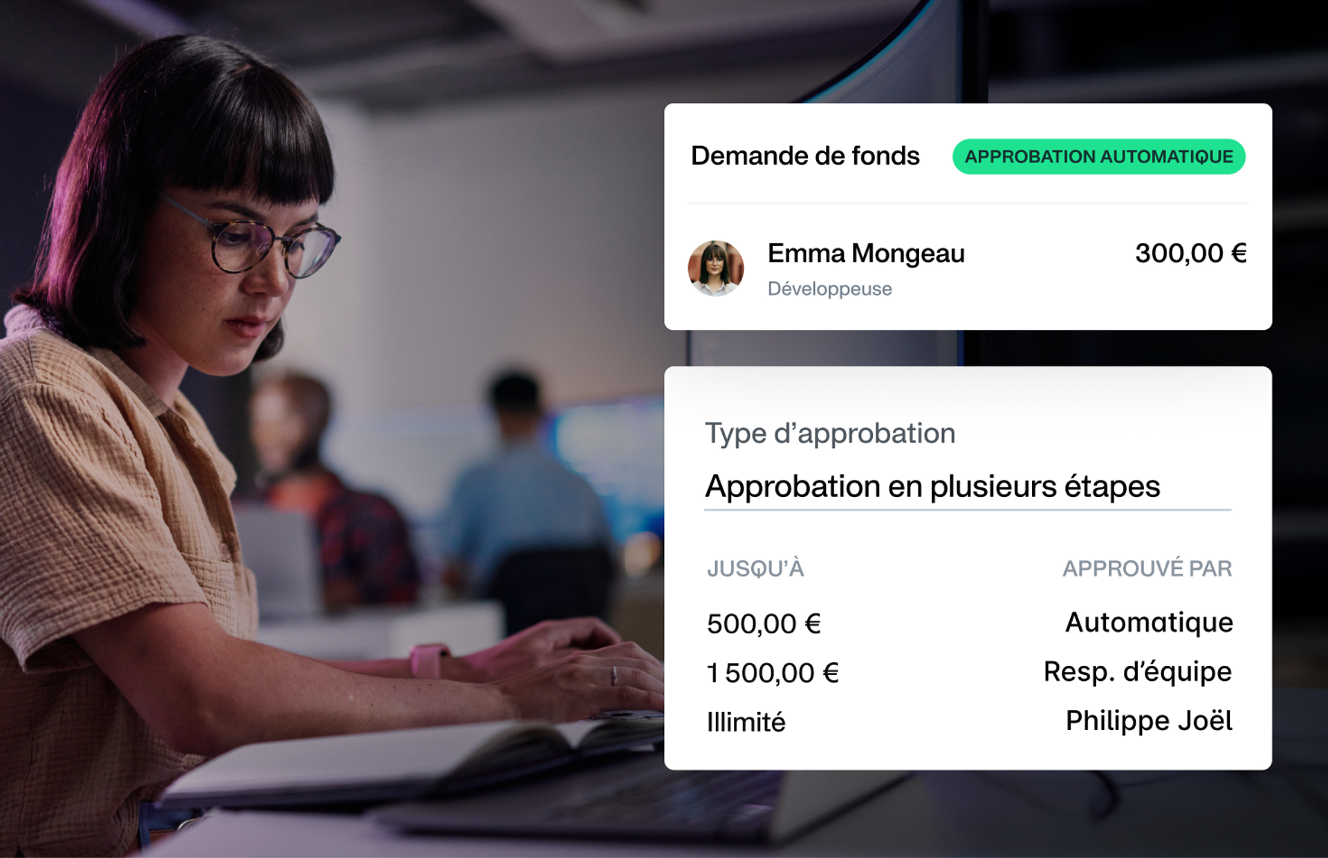 illustration d'une personne travaillant dans la tech qui gère ses dépenses grâce aux workflows Payhawk
