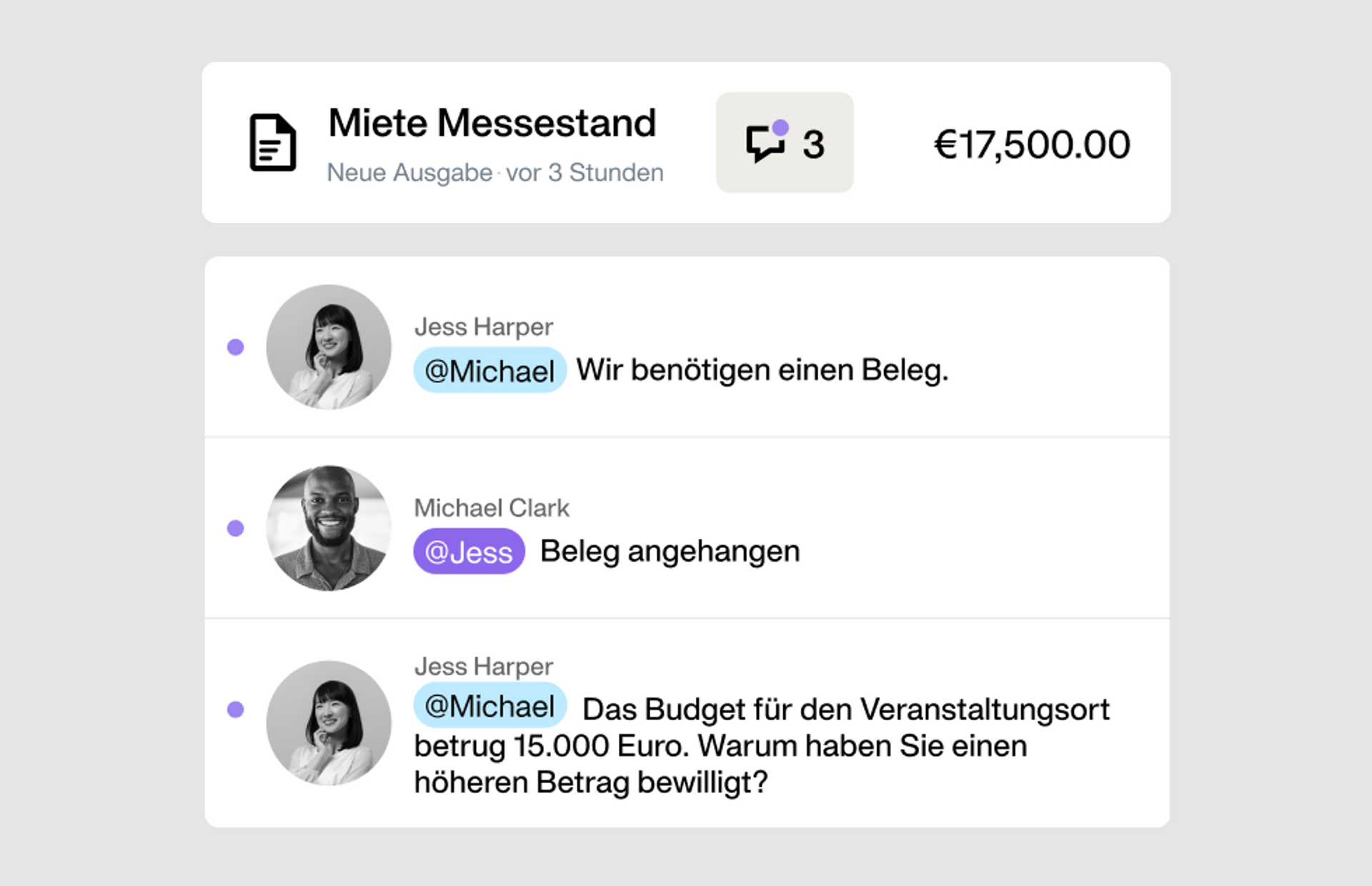 Bild, das die neue Funktion der Ausgabenverwaltungsplattform von Payhawk veranschaulicht – Kommentare innerhalb der Plattform