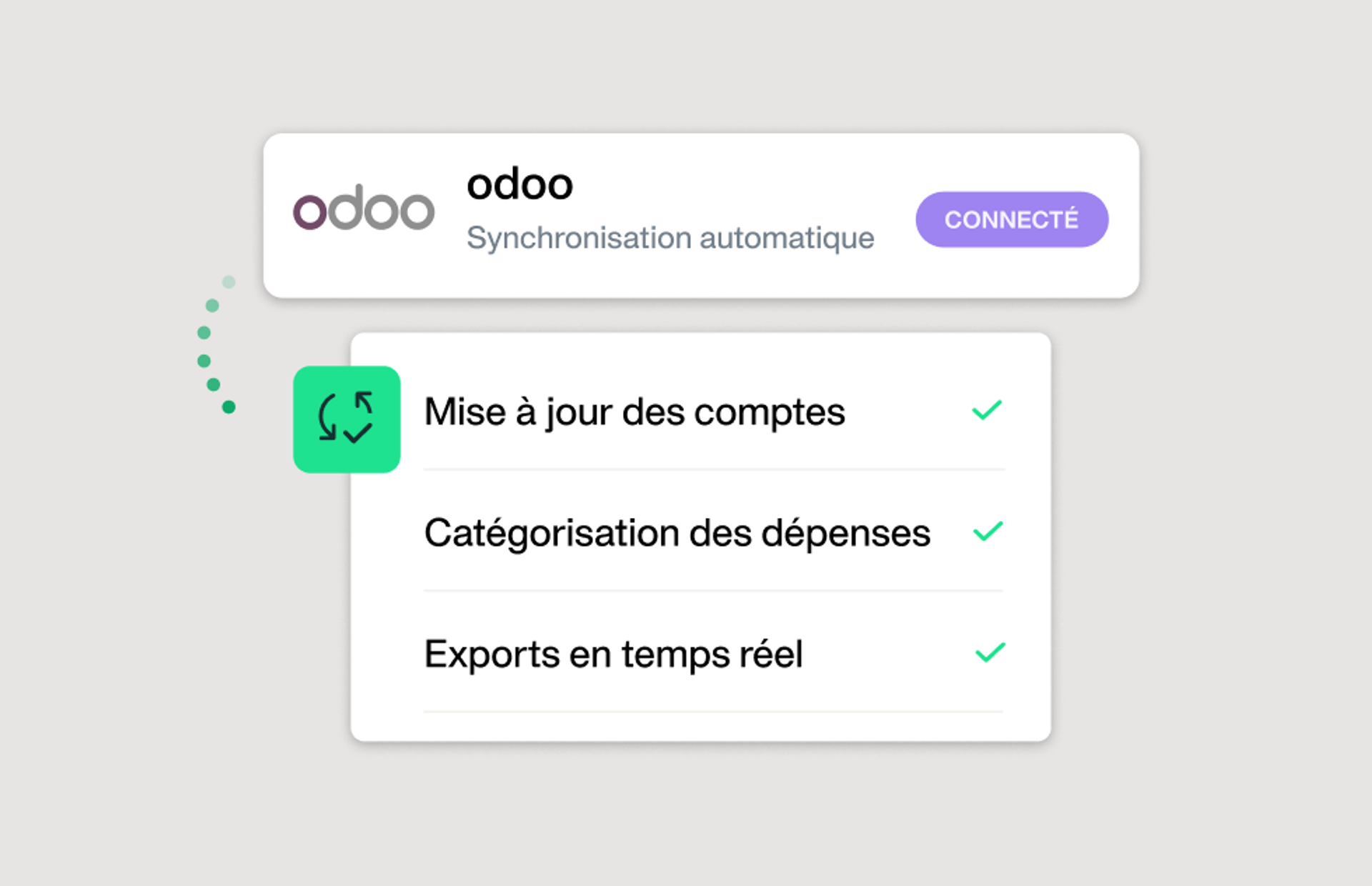 illustration des différents éléments qui se synchronisent automatiquement entre Odoo et Payhawk