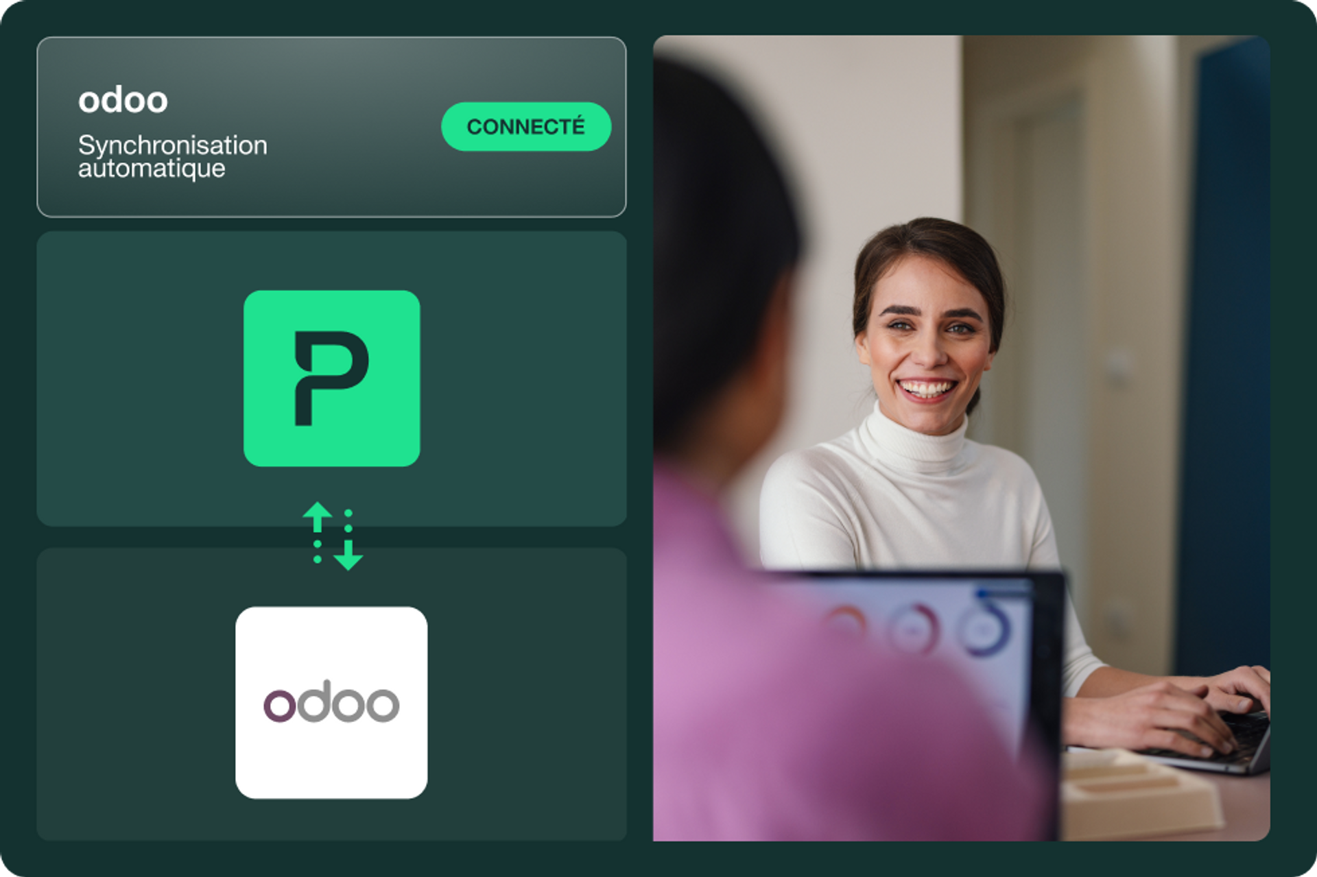 illustration de l'intégration entre Payhawk et Odoo à côté d'une photo de l'équipe Finance