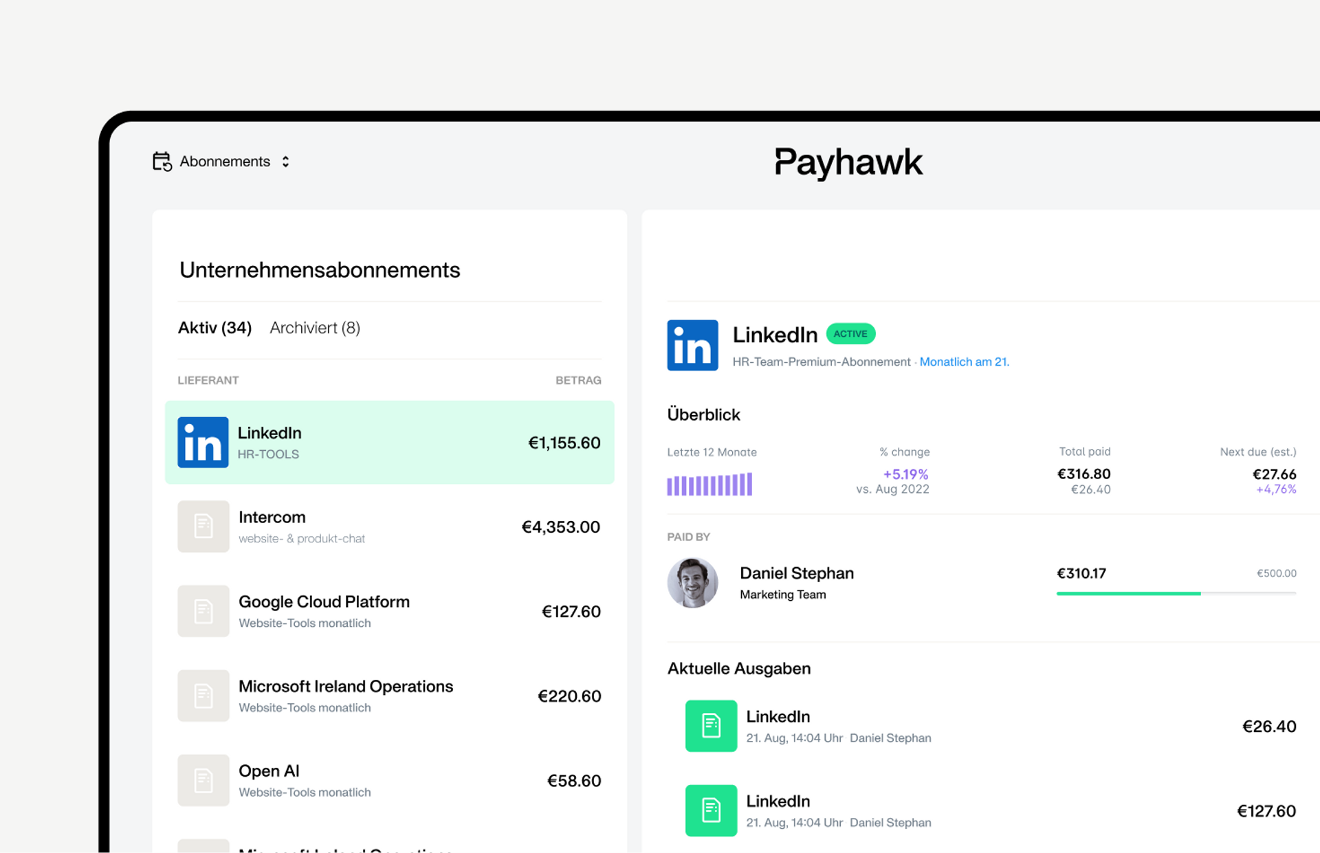 Das Bild zeigt, wie Payhawk Unternehmen dabei unterstützt, durch automatisiertes Abonnementmanagement Zeit zu sparen, Lieferantenverhandlungen zu stärken und wiederkehrende Ausgaben effizient zu optimieren.