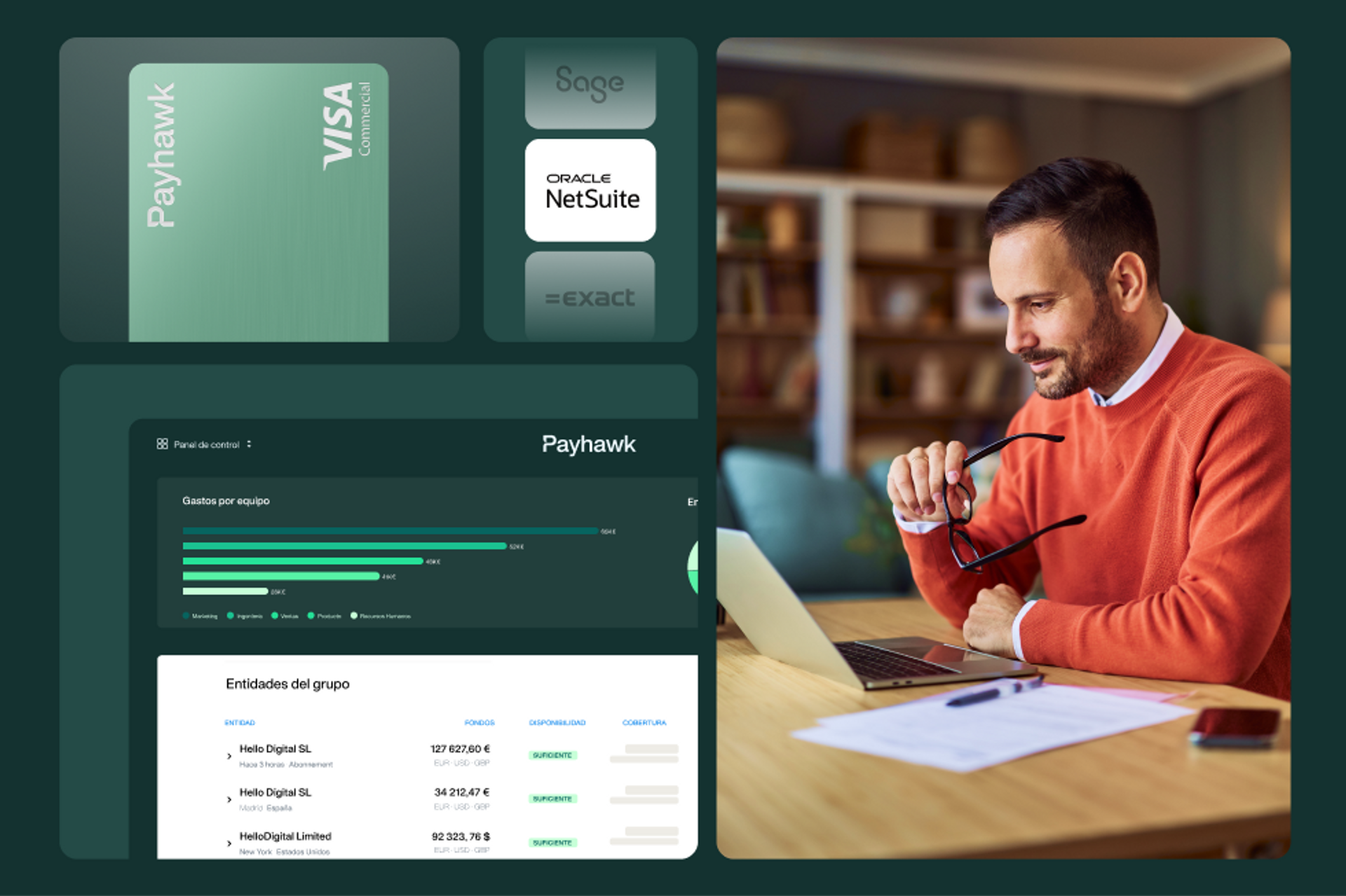 imagen compuesta que muestra a un CFO, el programa de gestión de gastos de Payhawk, la alternativa al programa de gestión de gastos Expensify