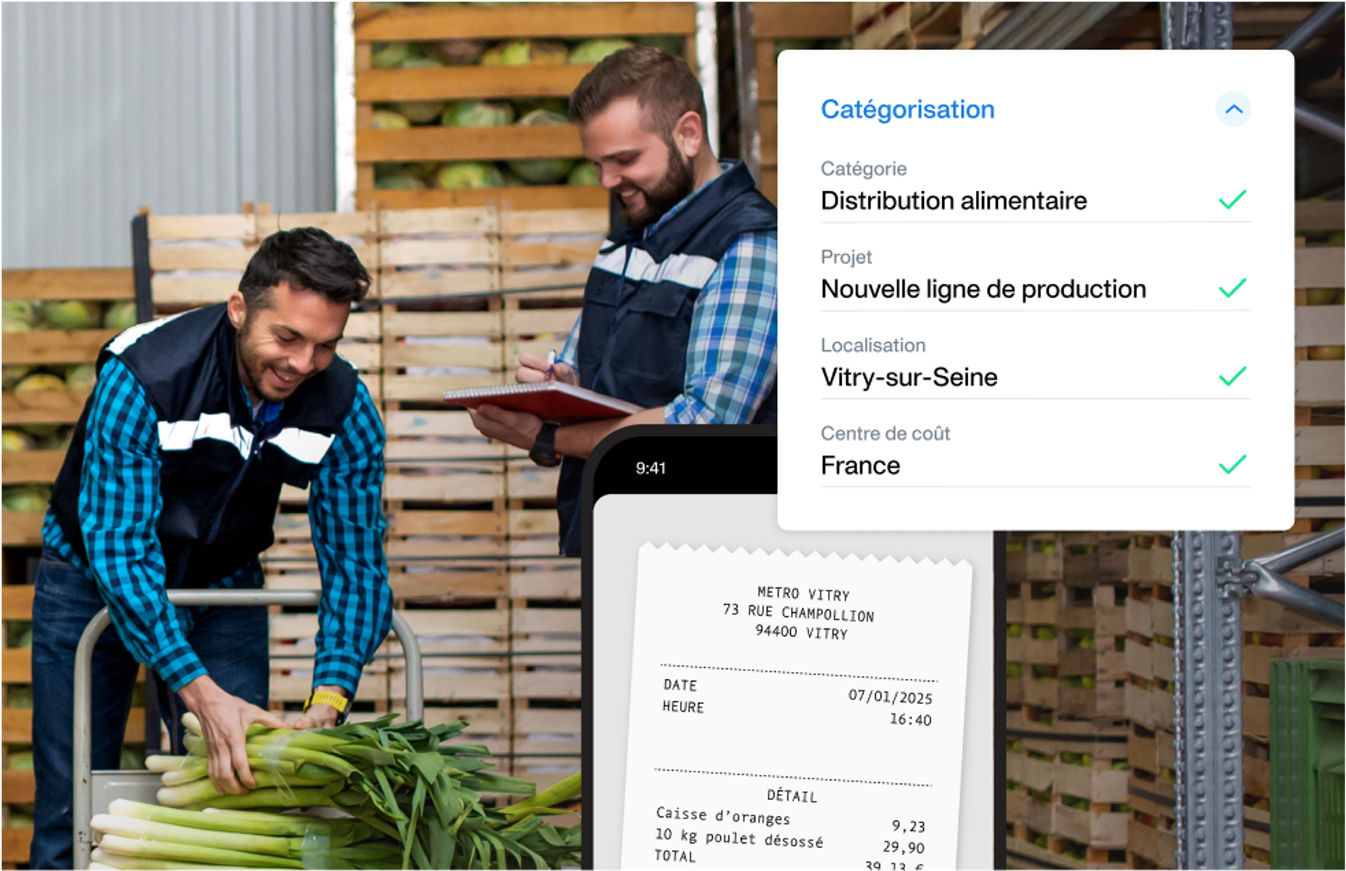 photo de deux personnes qui travaillent dans l'industrie agroalimentaire, extrait d'une note de frais chez un grossiste alimentaire et de sa catégorisation dans Payhawk