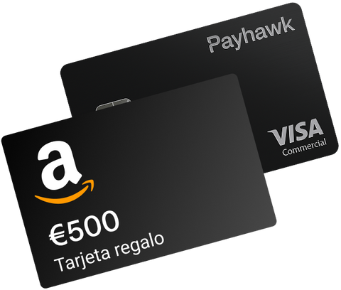 imagen de la tarjeta de payhawk junto a la tarjeta de amazon, que muestran la recompensa del programa de referidos de payhawk