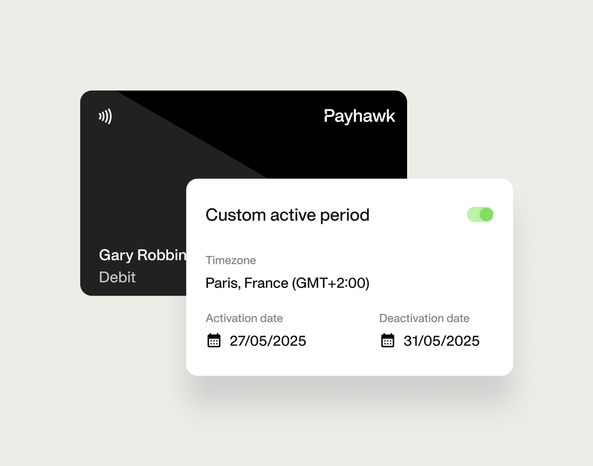 A visualisation of setting an active period for a Payhawk corporate card