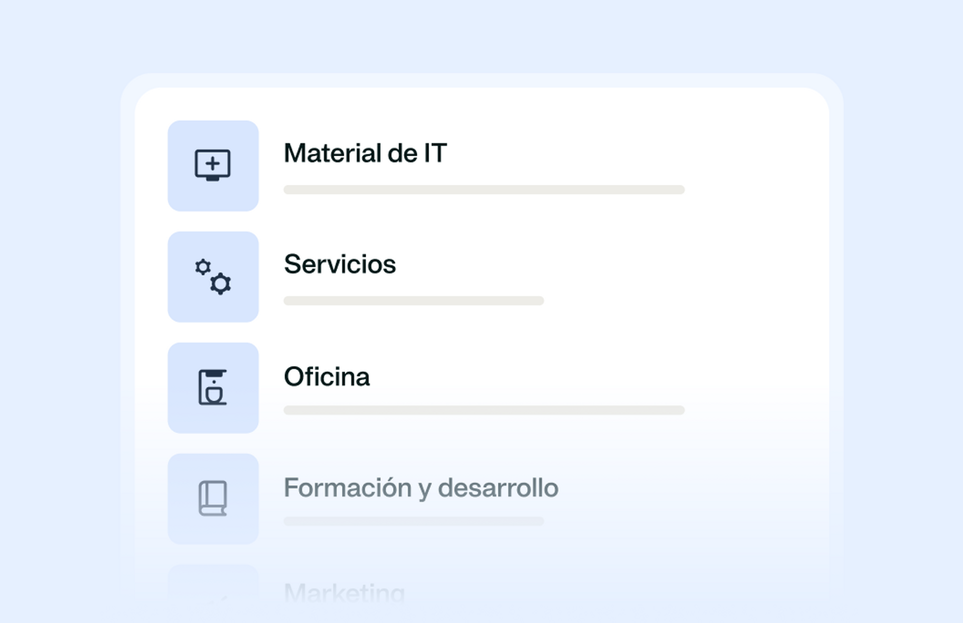 Imagen que muestra algunas de las compras que puedes solicitar y gestionar desde la plataforma de Payhawk con el Agente IA de Compras de Payhawk