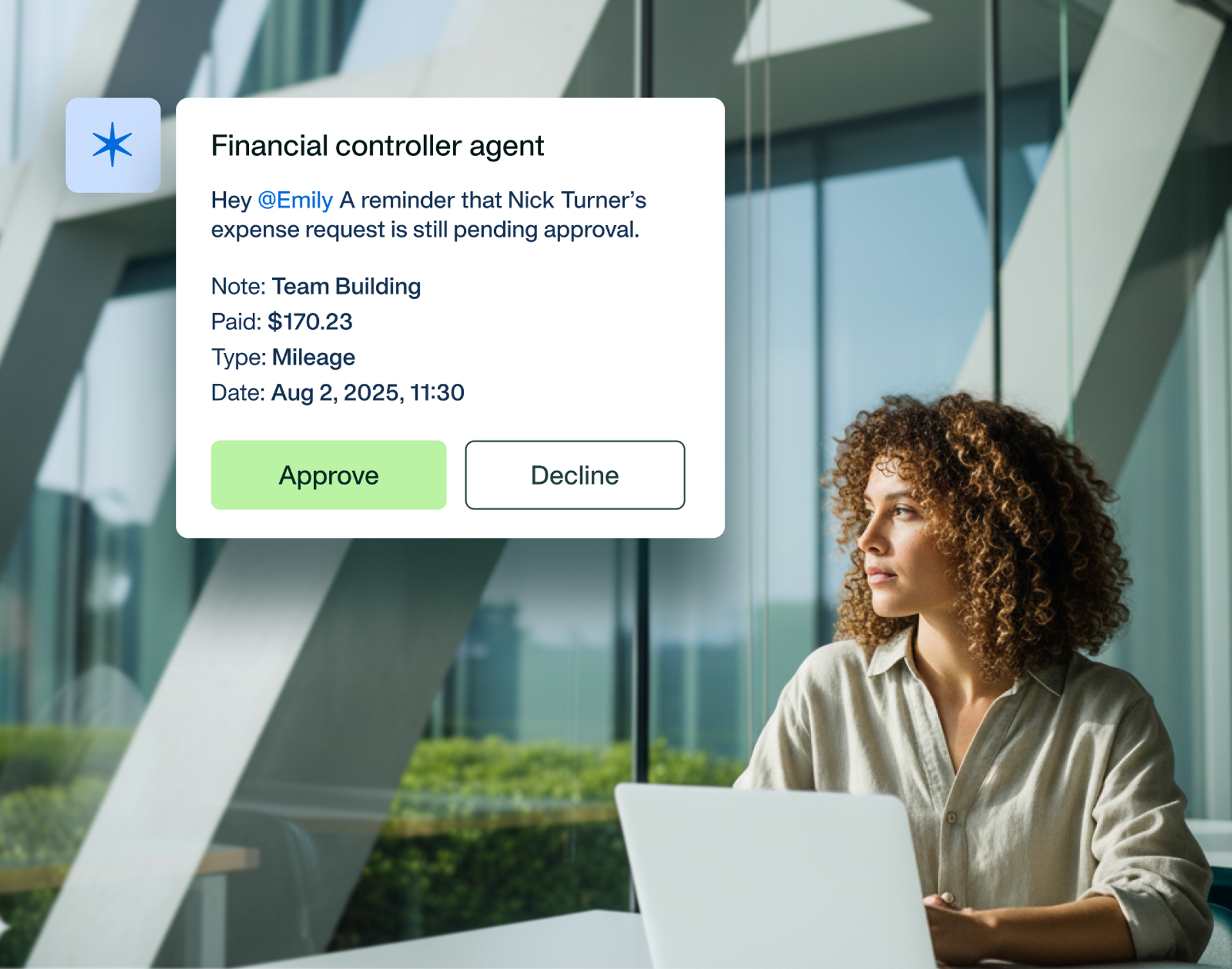 A visualisation of the Payhawk Financial Controller Agent messaging a manager to approve or decline an expense