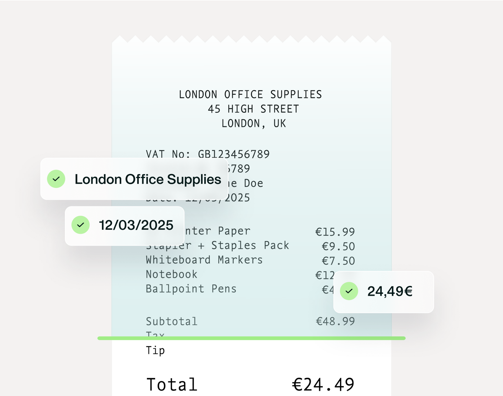 Imagen que muestra la IA de Payhawk para leer recibos y facturas de empresa y registrar datos, eliminando tareas manuales al equipo financiero