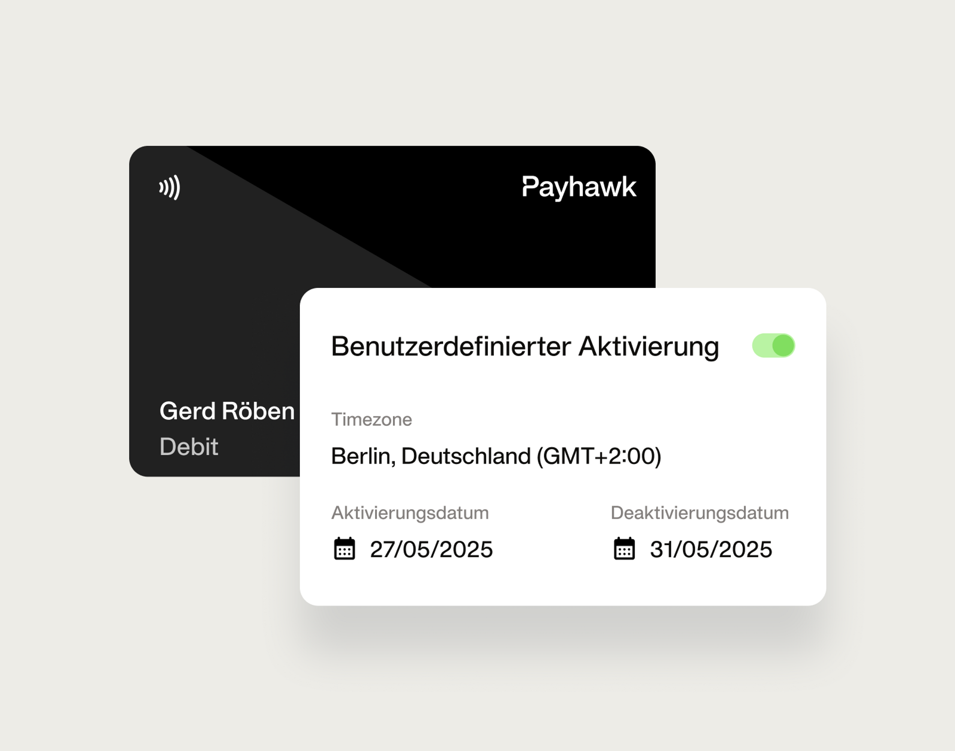 Visualisierung der Einstellung eines Aktivitätszeitraums für eine Payhawk-Firmenkarte