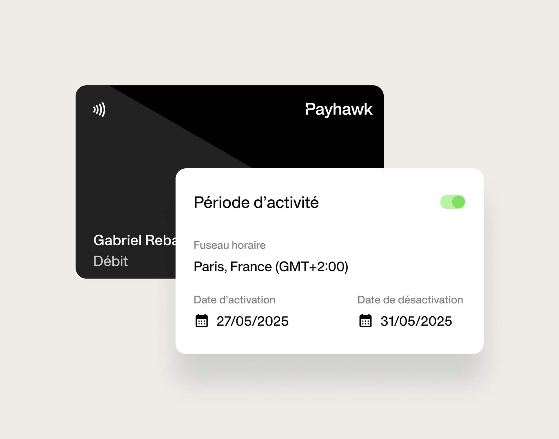 Visualisation de la configuration d'une période d'activité pour une carte d'entreprise Payhawk