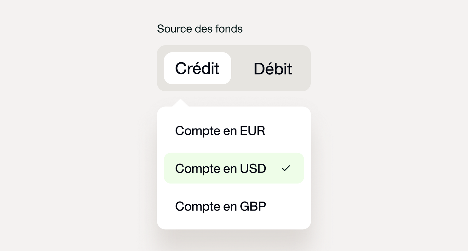 Image d'un menu déroulant présentant les options de source de financement