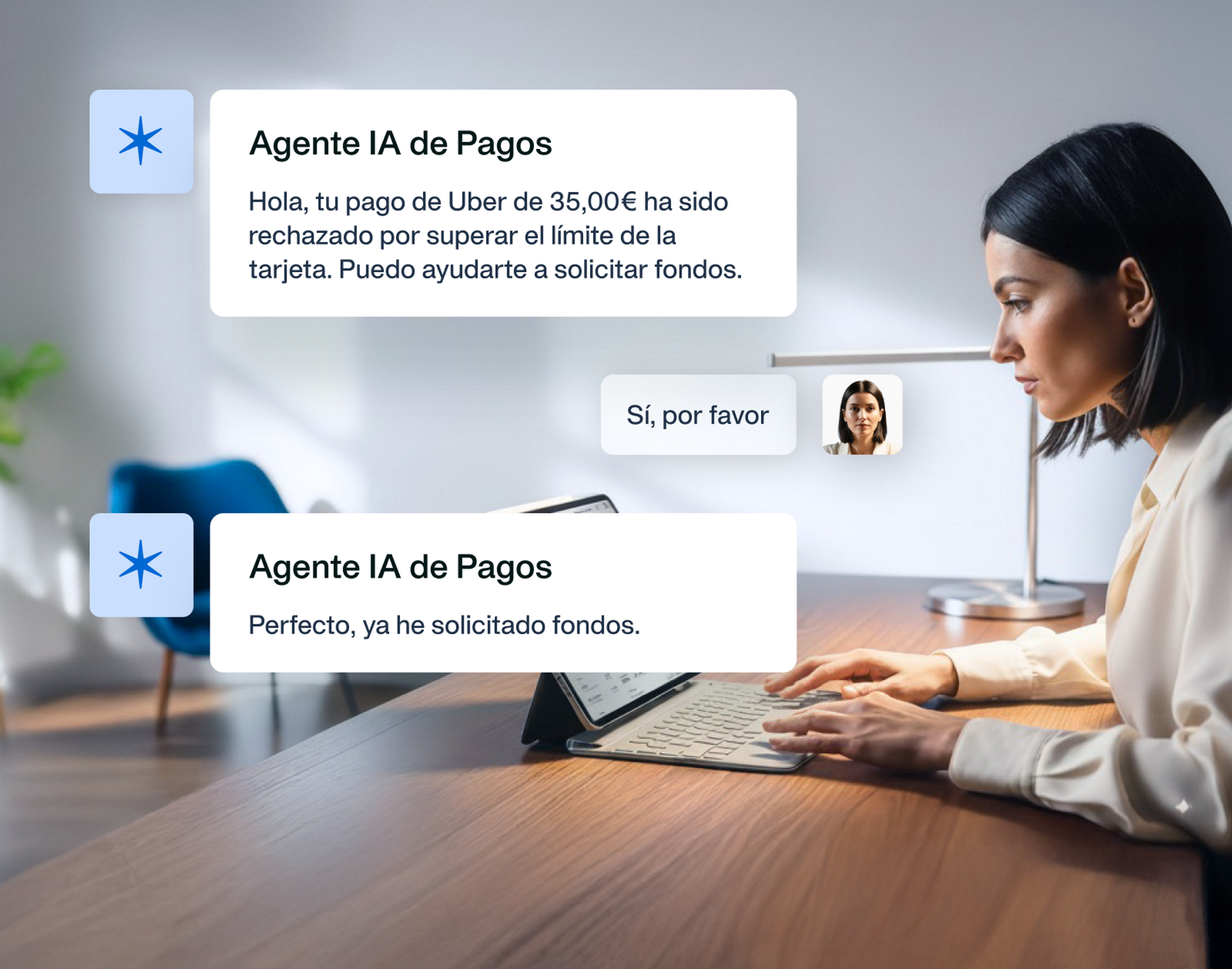 Imagen que muestra a una empleada solicitando fondos a su tarjeta desde el Agente IA de Pagos de Payhawk