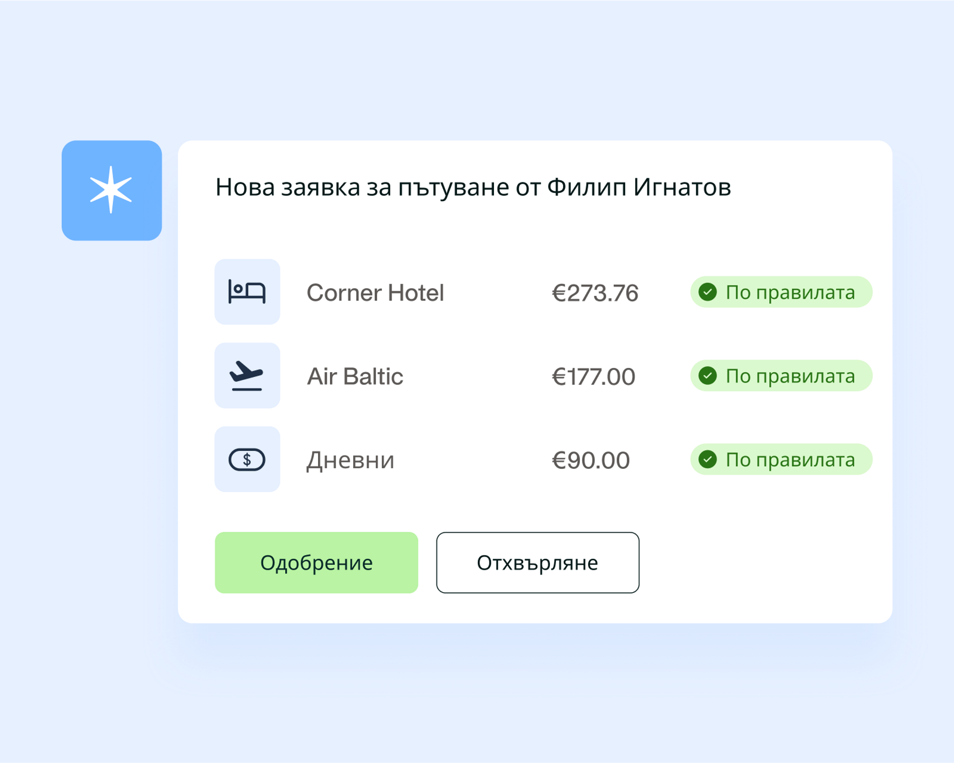 Изображение, показващо уведомление за одобрение на заявка за пътуване