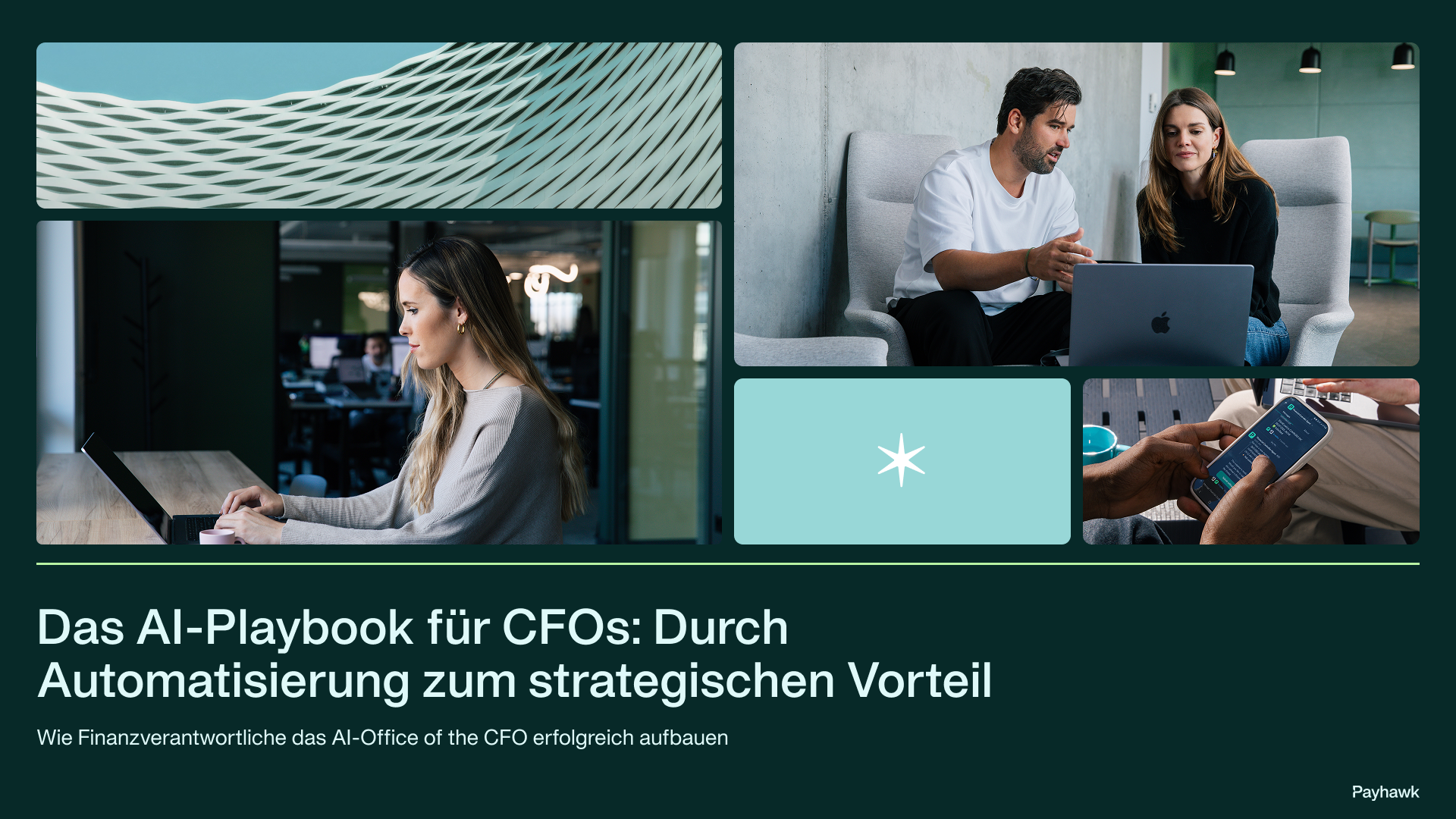 Cover von Payhawks „Das AI-Playbook für CFOs: Durch Automatisierung zum strategischen Vorteil” - eine Collage mit Büro-Szenen