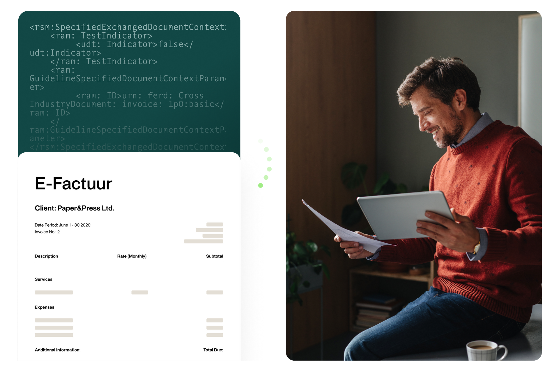 Afbeelding met twee delen: het ene laat zien hoe een factuur eruitziet in een specifiek XML-formaat, en het andere laat een blije financiële medewerker zien die de XML-informatie vergelijkt met de papieren factuur.