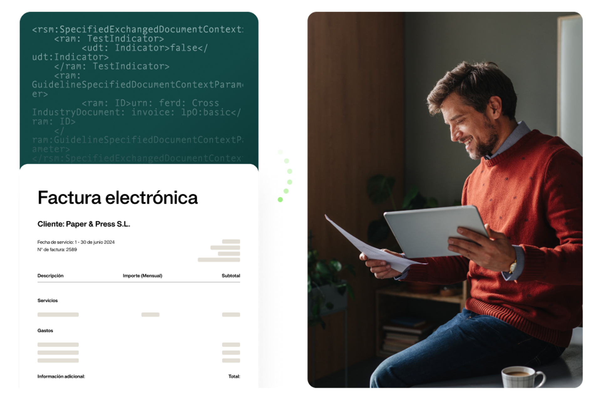 Imagen con dos secciones: una mostrando cómo se ve una factura en un formato XML específico, y la segunda mostrando al equipo de finanzas, comparando el formato XML con la información de la factura en papel